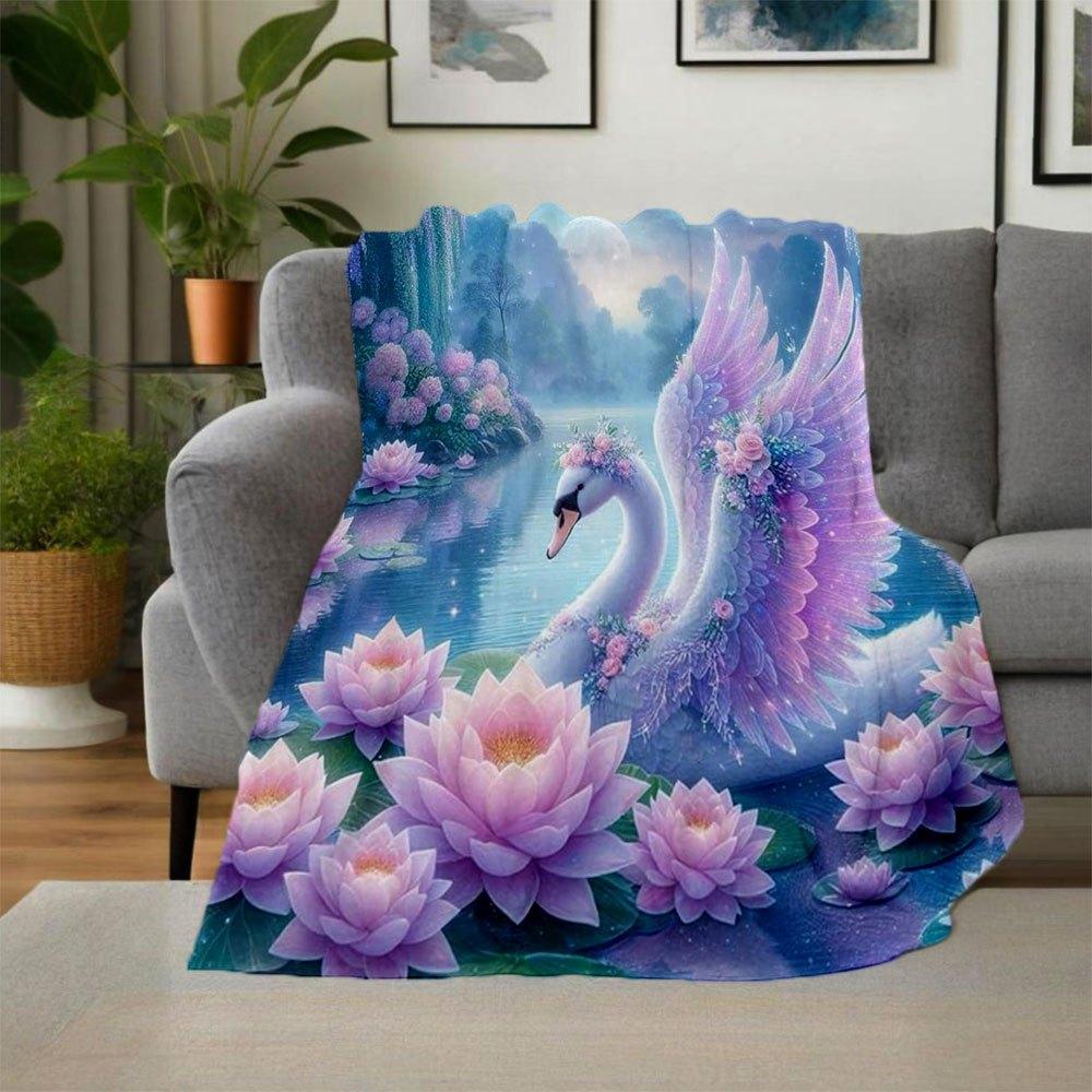 Enchanted Swan Fantasy Wall Art PrintBlanket Flannel Throw Blanket for Sofa, Bed, Travel, Camping, Office, Couch, Chair, And Bed Gift for Ch