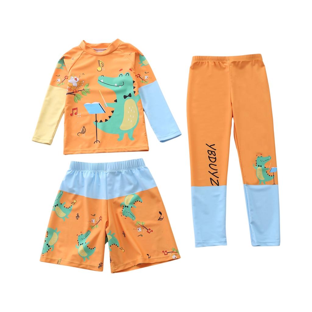 Dreiteiliges Jungen-Badebekleidungsset Langarm-Rashguard Badeshirt Badeshorts und Badehosen Cartoon-Print Leicht Schnelltrocknend