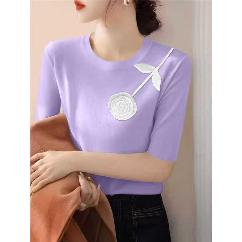 Women's French Round Neck White Mid-Sleeve Knit Top - Early Spring, Versatile Temperament, Slim-Fitting Base Layer