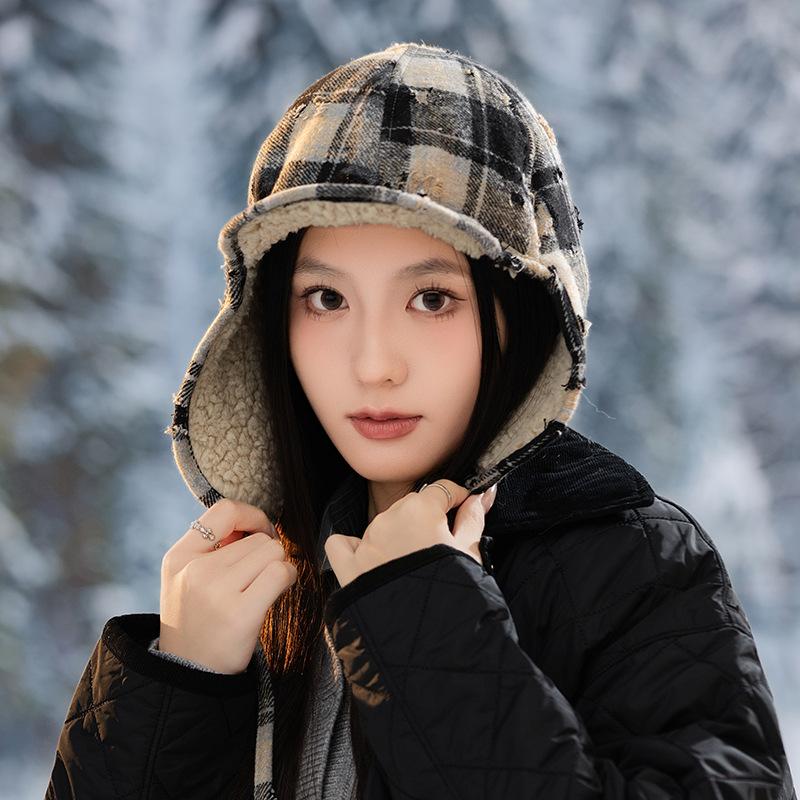 Retro Color blocking Plus Velvet Leeve Hat Japanese Windproof and Warm Hat Women's Outdoor Riding Casual Ear Protection Hat
