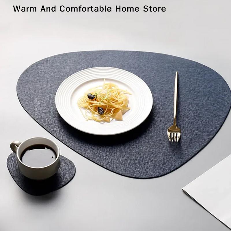 Double Sided Anti Slip PU Insulation Pad Table Mat, Nordic Style Imitation Cowhide Pattern Water Droplet Shaped Leather Placemat