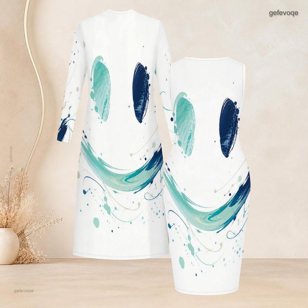 Women Plus Size Abstract Leaf Printed Long Sleeve Open Front Cardigan Sleeveless Bodycon Dress Two Piece Set