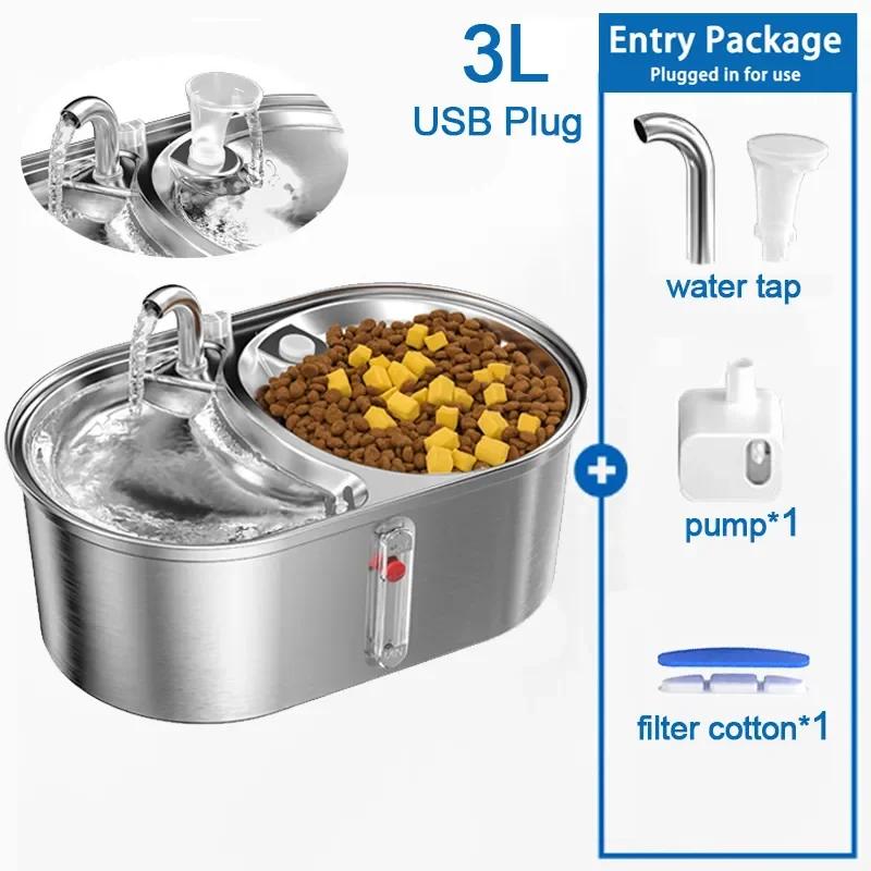 Cat Water Fountain Stainless Steel Pet Drinking Automatic Water Dispenser 3L Large Capacity Intelligent Feeding Food Dual Bowls