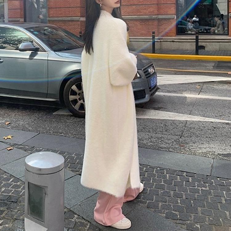 White Long Cardigan for Women Winter Clothes Knitted Fluffy Long Sleeve Cashmere Sweater Coat Korean Style Warm Vintage