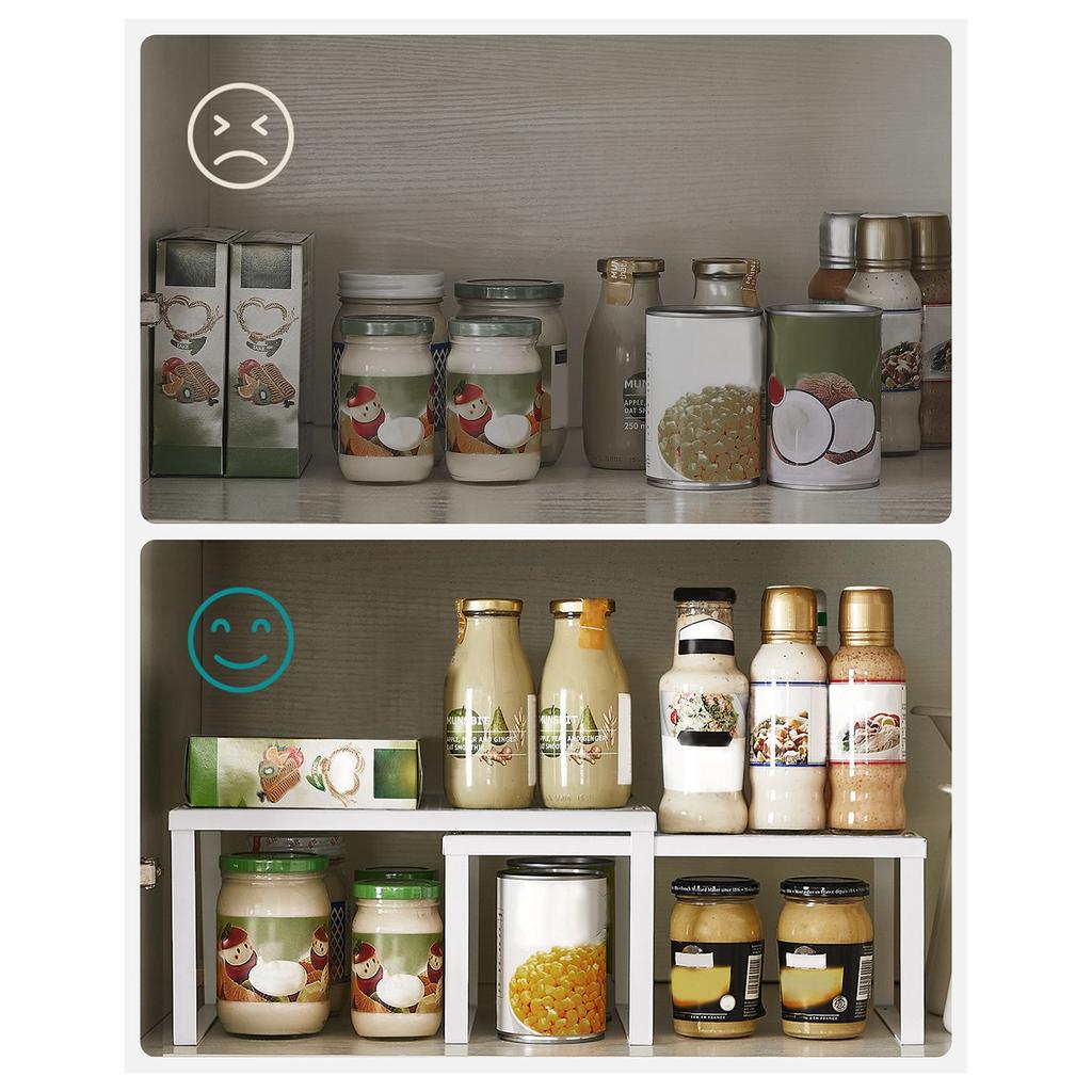 SONGMICS Cabinet Shelf Organizer and Kitchen Shelf Bundle, 4 Stackable Kitchen Cabinet Shelves, Expandable, White and Silver U