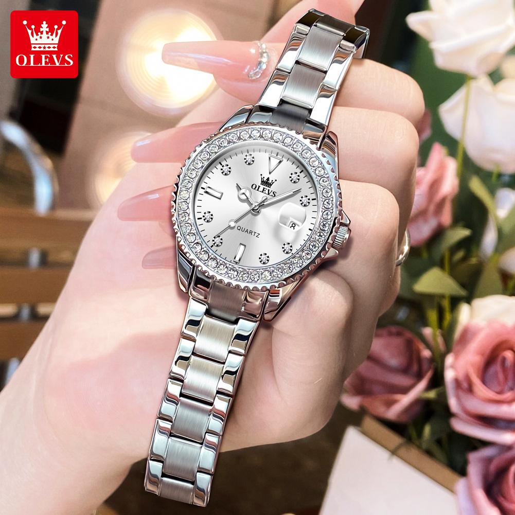 OLEVS Original Elegant Quartz Watch Waterproof Stainless Steel Womens WatchDate Ladies Watch Bracelet Set Box Gifts 9945
