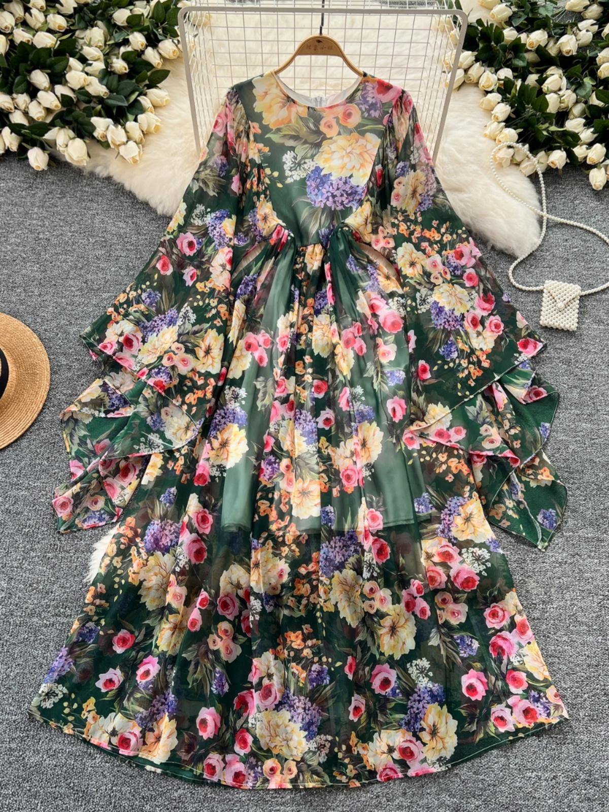 

Летнее женское платье, винтажное милое шифоновое платье с цветочным принтом, Femme, свободные платья макси с высокой талией, темпераментные платья M зелёный