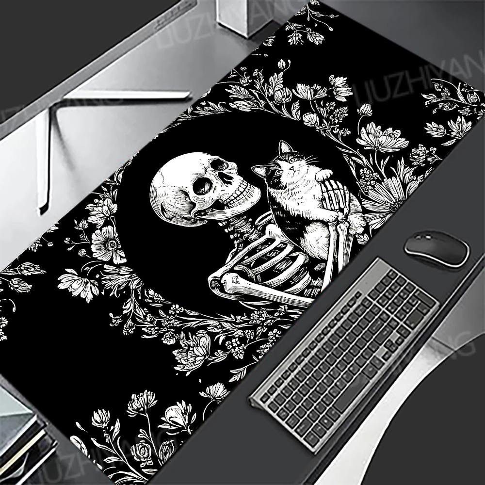 Skeleton Hold Cat Mouse Pad Black White Large Gaming Desk Mat Non-Slip Rubber Keyboard Pads XXL Office Game Accessories TableMat