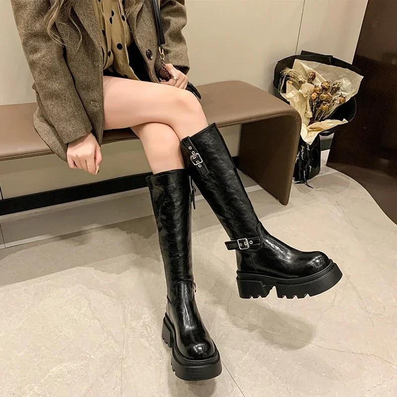 Motorcycle Boots Retro Belt Buckle Round Head High Waterproof Platform Zipper Long Womens Fashion Boots Brown Black Botas Mujer