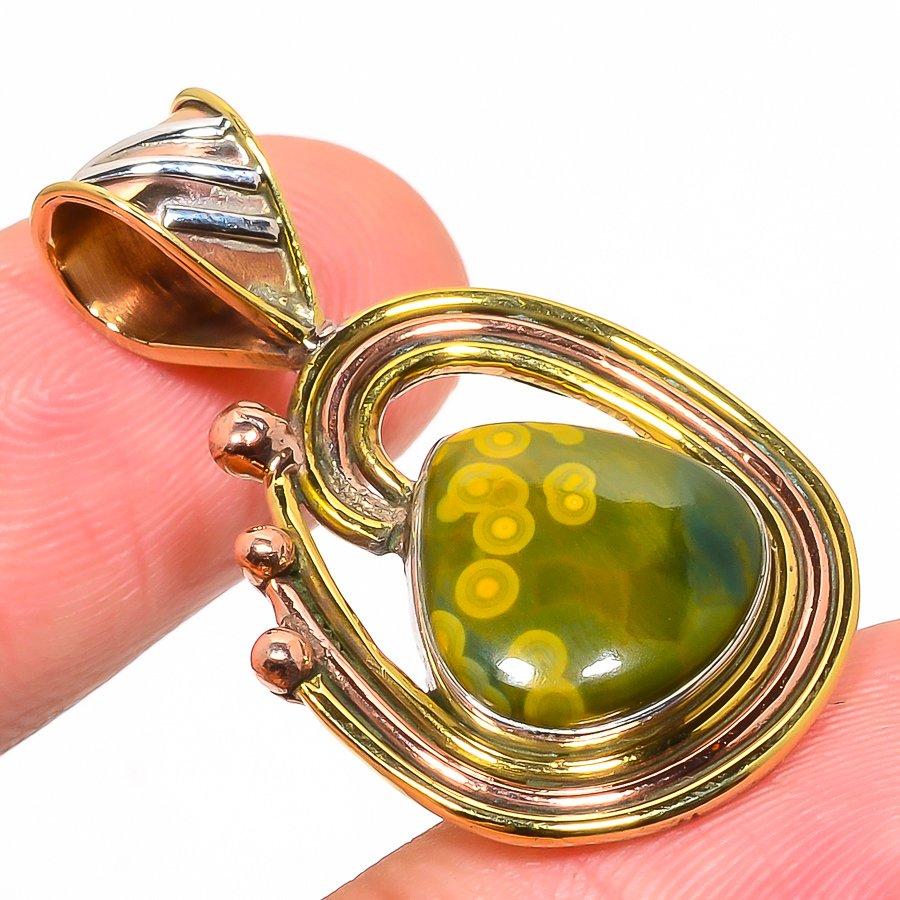 Natural Ocean Jasper TwoTone 925 Solid Sterling Silver Gift Pendant 1.40" y1o02