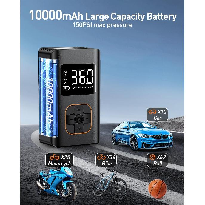 Tire Inflator Portable Air Compressor, 8000mAh Cordless Air Pump for Car Tires, 150 PSI Electric Bike Tire Pump with LED Light and Digital Pressure