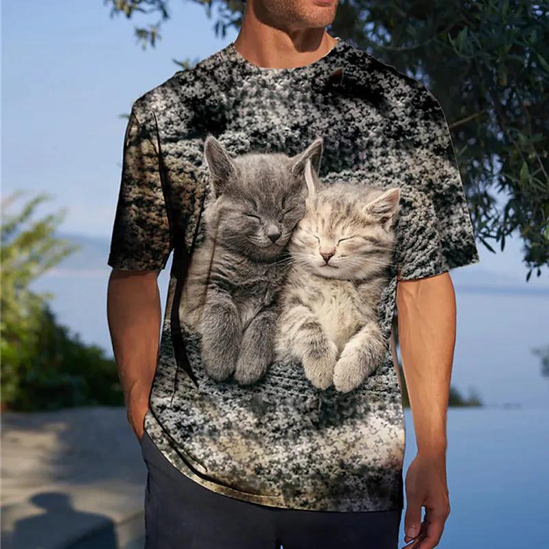 Men's Tee Fun Clothing Harajuku Cat T-shirt Animal Top Male Street Summer Casual Short Sleeve Pullover O-neck Oversized Clothes