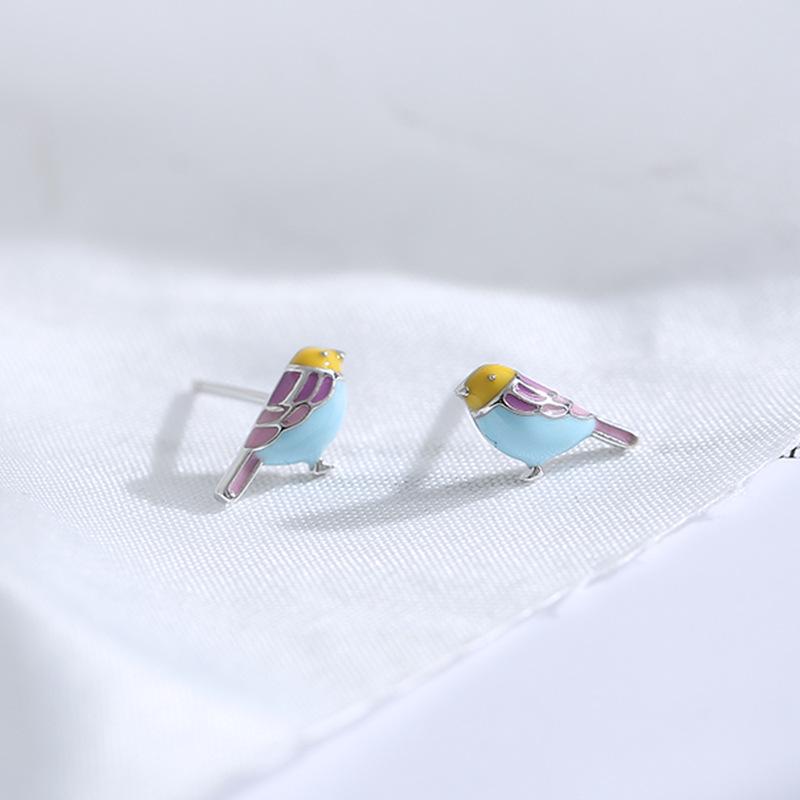 Real 925 Silver Colored Enamel Bird Mini Stud Earrings For Women Classic Animal Fine Jewelry Light Accessories