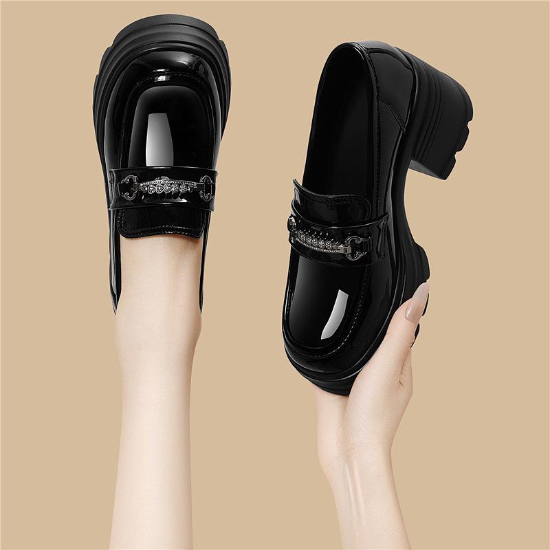 Black loafers retro British style uniform single shoes women's platform cm one pedal glossy versatile leather shoes women's shoes
