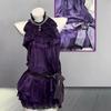 New Purple Satin Lace Neck Dress Women's Summer Spice Girl Waist Cake Vintage Dress Skirt Trendy