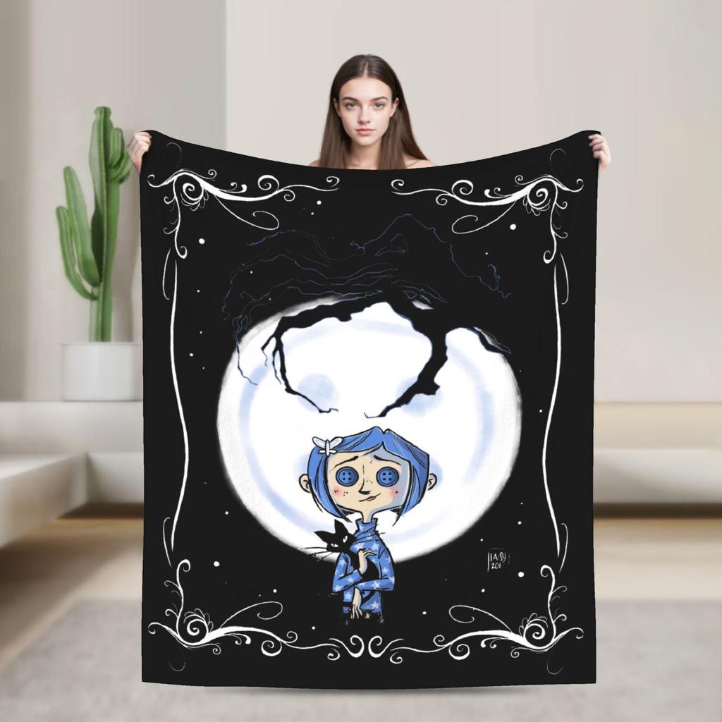 Coraline Halloween Horror Blanket Flannel Spring Autumn Portable Lightweight Throw Blankets for Home Car Bedding Throws