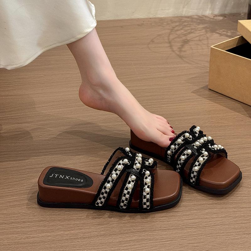 Pearl Hollow Open-toed Wedge Heel One-word Fashion Casual Sandals Summer Retro Low-heeled Slippers Women's Outerwear