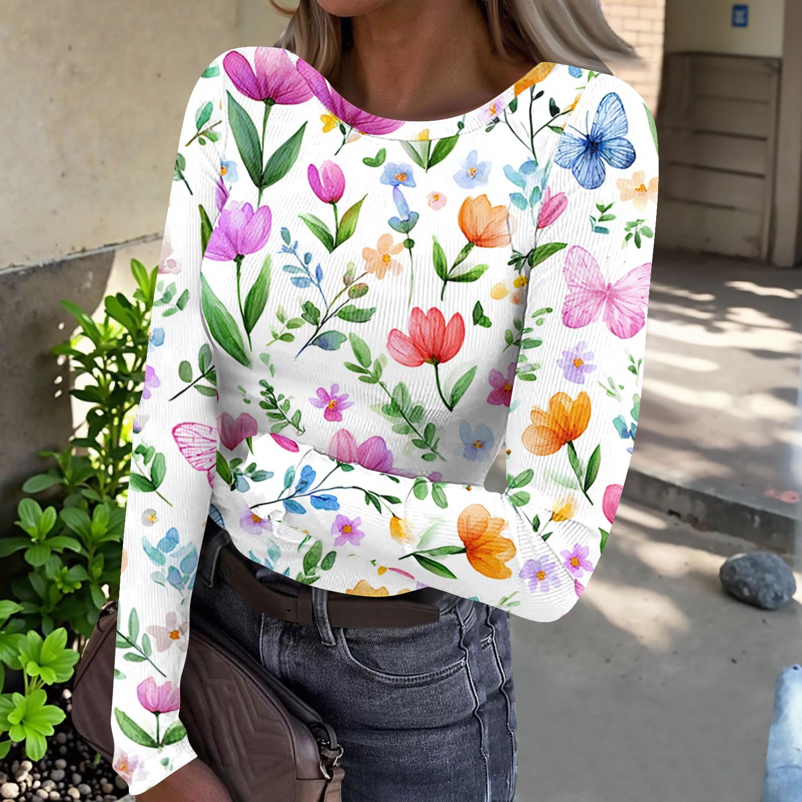 

Women Casual Long Sleeve Crewneck Floral Print Ribbed Top Lightweight Pullover Loose Fit Soft Breathable Shirt for Daily Wear S
