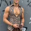 Summer Men Low Cut Neck Sleeveless Leopard Print Party Lace-up Tank Tops Vest