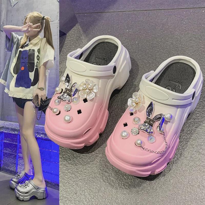 Women's Summer EVA Crystal Love Detachable Closed-Toe Sandals - Thick, Non-Slip, Soft Bottom, Ideal for Beach Wear.