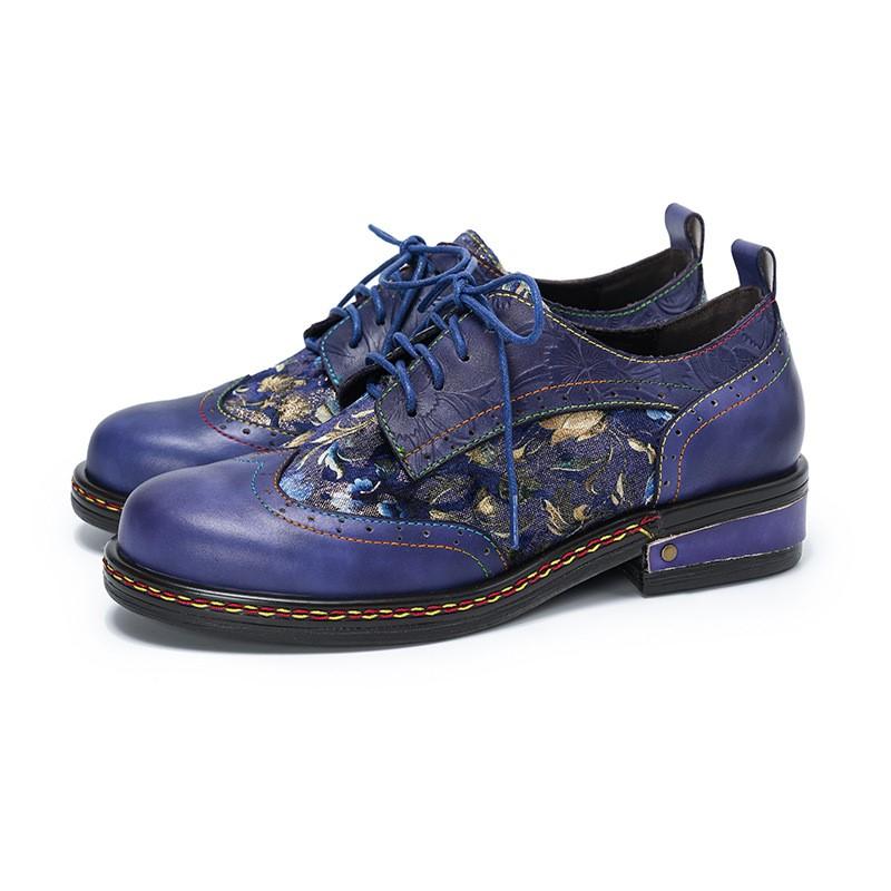 Johnature Genuine Leather Printed Pumps Retro Round Toe Lace Up Low Heel Women's Shoes