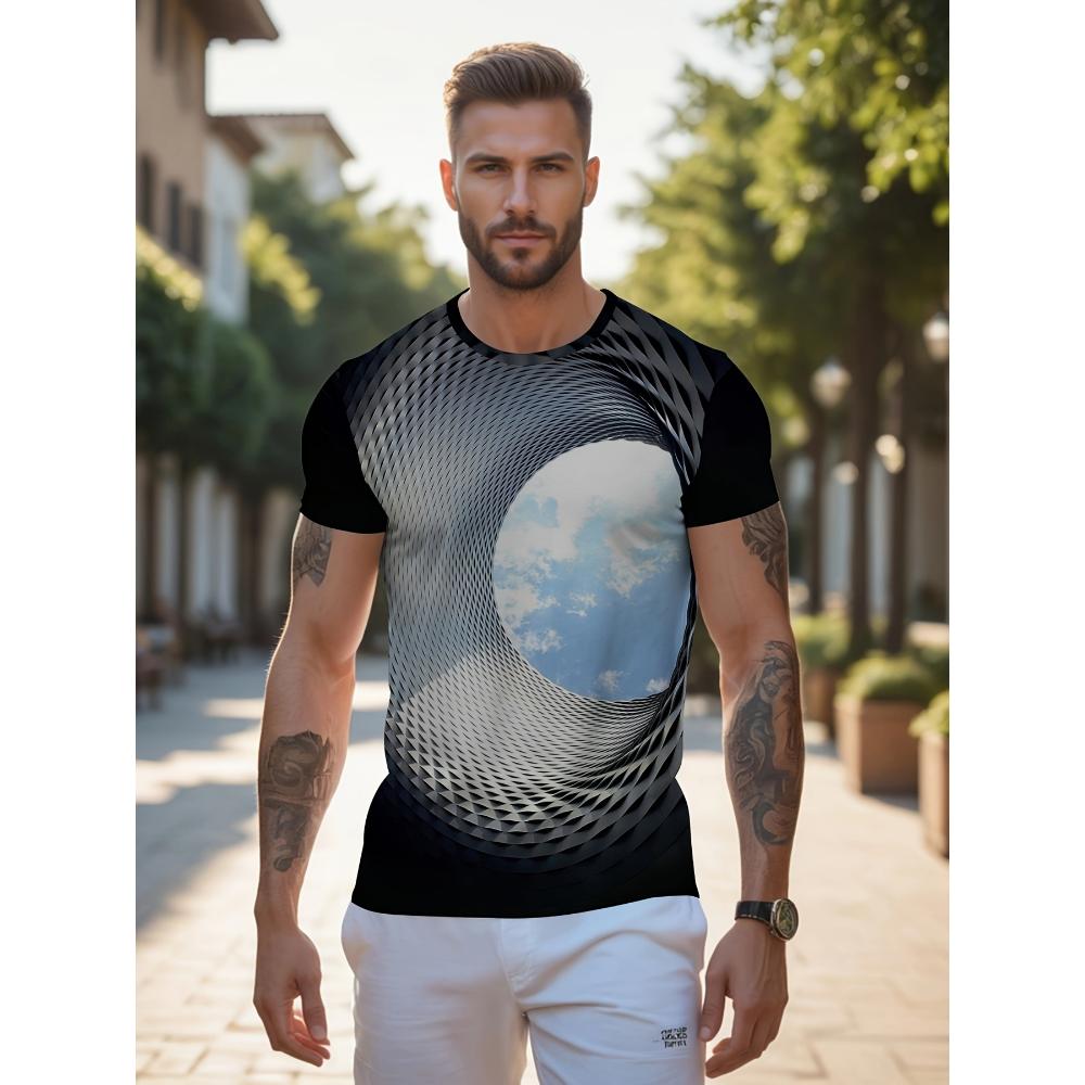 Men's Summer Digital Print Shirt - Casual Short-Sleeve Crew Neck Top, Abstract Pattern, Breathable and Machine Washable