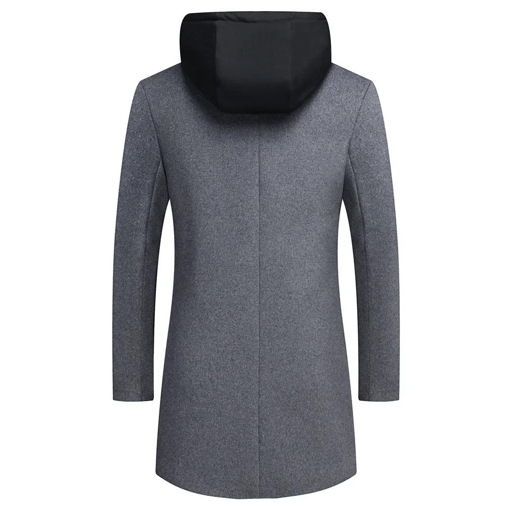 Autumn Winter Men Hooded Wool Jacket Autumn Mens Long Windproof Wool Coat Casual Thick Slim Jacket Male Size