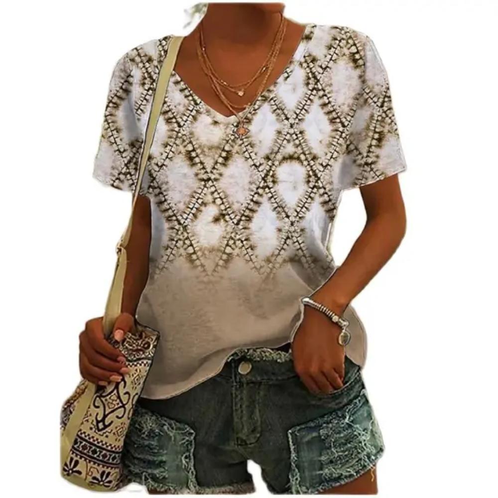 3D V Neck T Shirt Vintage Women Mixed Floral Pattern Print Summer Ladies Shirt Tops Street Trend Loose Plus Size Ladies Tops