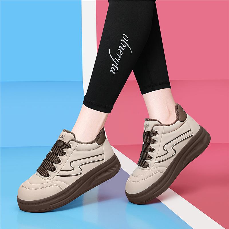 

Leather velvet thick-soled all-cowhide board shoes autumn and winter women s Korean version versatile little white shoes rhombus bread shoes 34