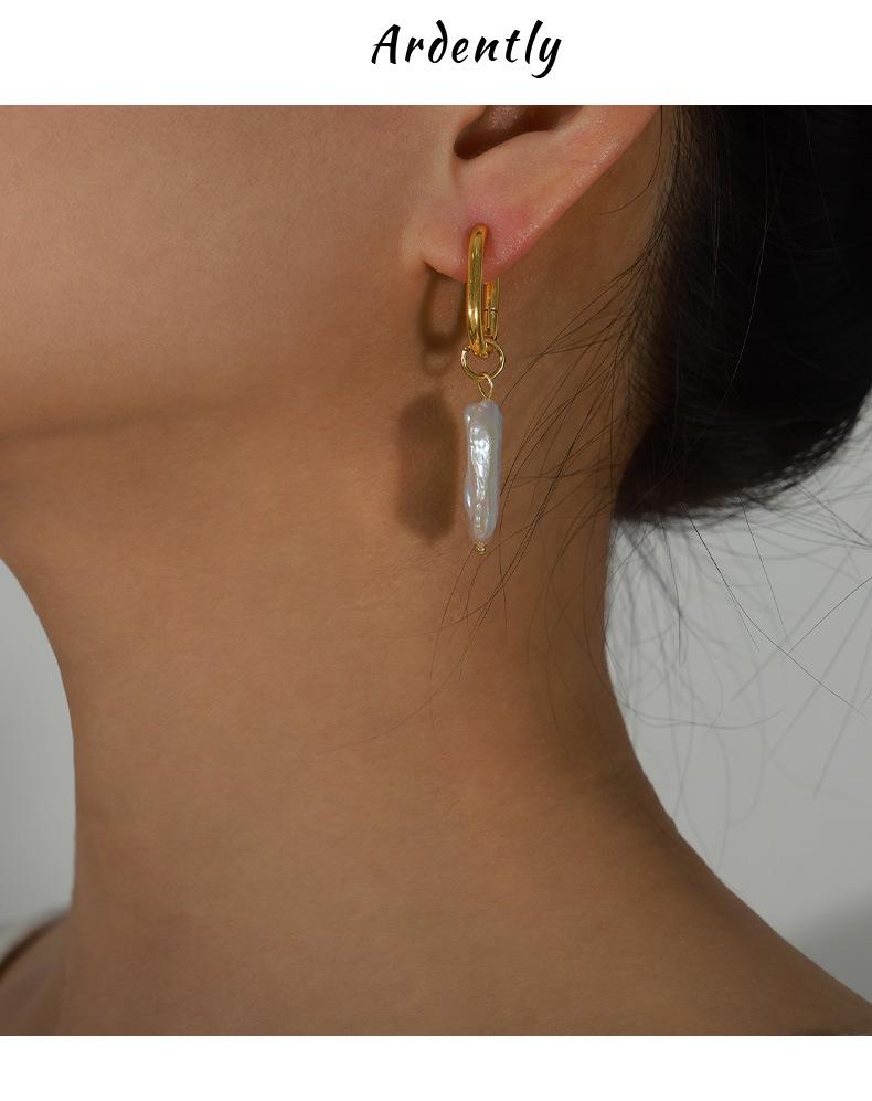 Gold-Plated Titanium Steel Irregular Freshwater Pearl Earrings - Retro Light Luxury Style for Women