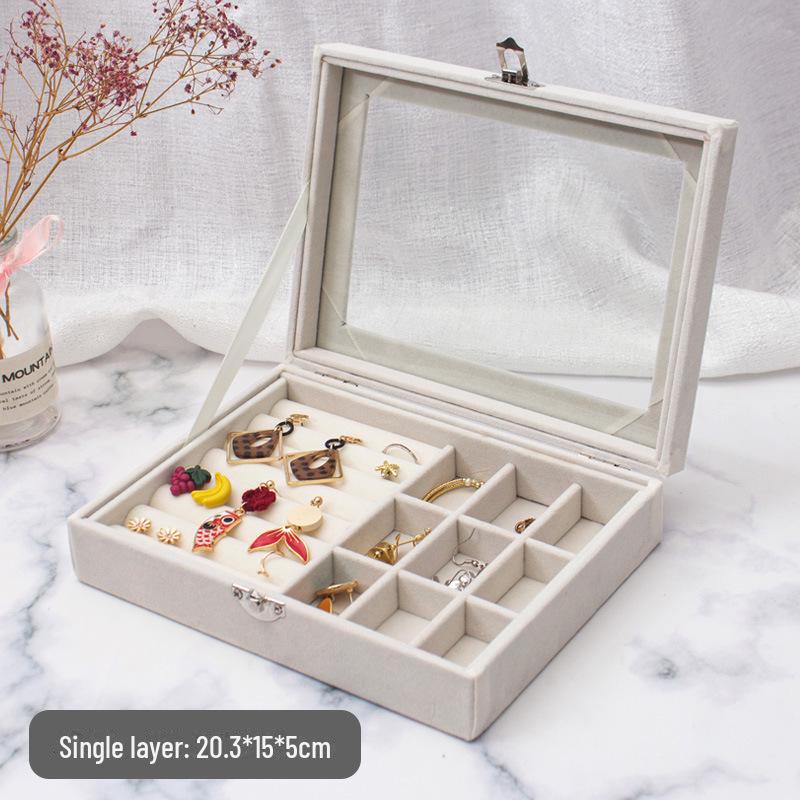 Pink Flocked Portable Jewelry Box with Lid - 316-Grit Dustproof Glass Ring & Earring Display
