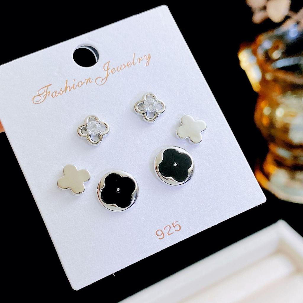 Kanamina Prachtige Vierklapper Diamant-Belegde Oorbellen, s925 Zilver, Veelzijdig Modeaccessoire (Set van Drie Paren)