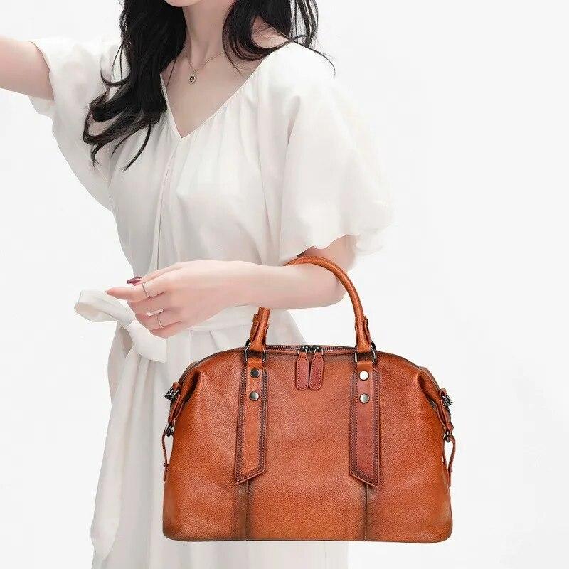 Johnature Vintage Genuine Leather Handbag High Capacity Casual Tote Solid Color Versatile Women's Shoulder Bag