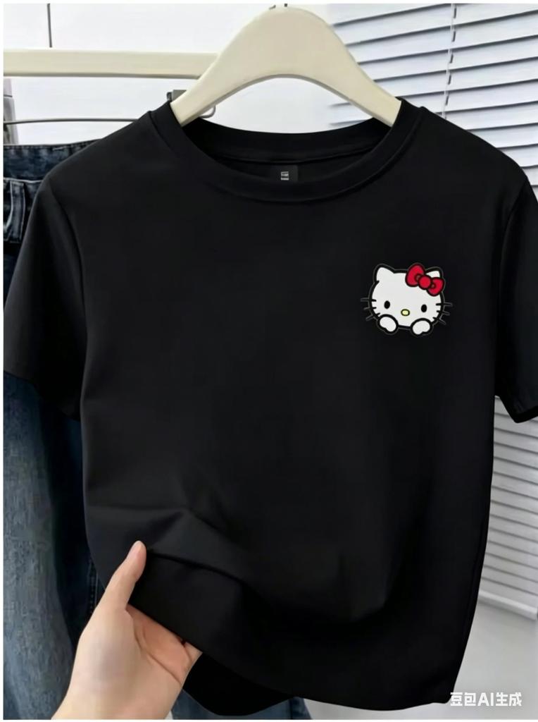 Hello Kitty Small Logo T Shirt for Adults and Kids Cute Sanrio Head Print Casual Short Sleeve Top for Family Matching Outfits