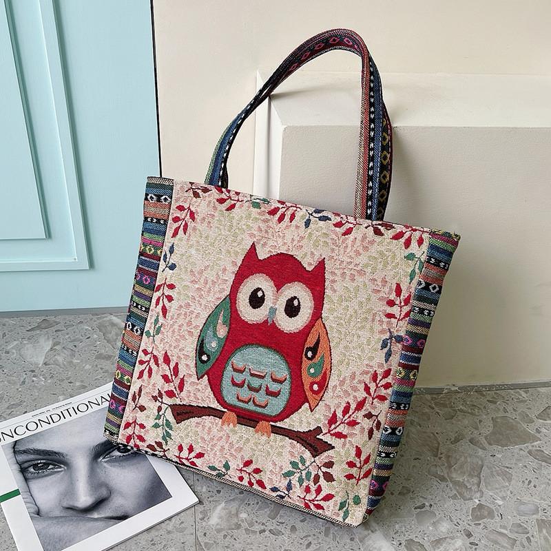 Canvas Embroidered Owl Tote Bag With Zipper Closure For Daily Use