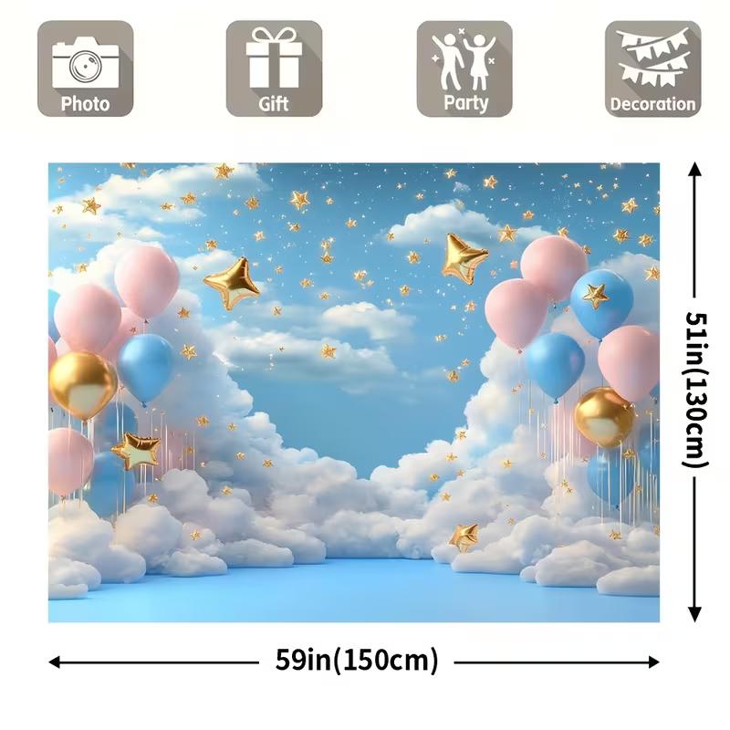2D Cloud & Star Balloon Tapestry, Baby Shower Home Decor