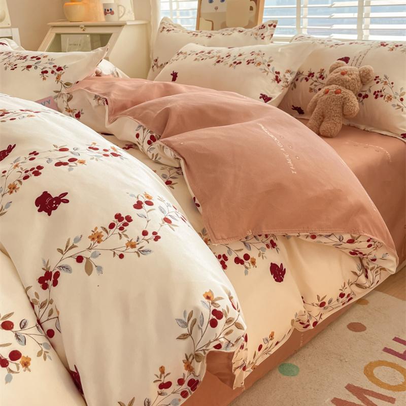 Watercolor Flower Duvet Cover Cotton Cartoon Bunny Comforter Cover Lovely Farm Animal Rabbit Bedding Set for Girly Bedroom Decor