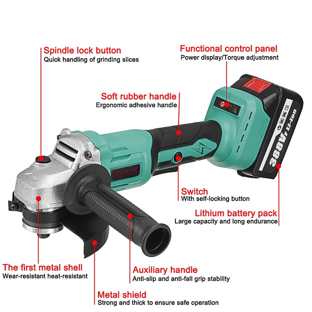 1000W 388VF Cordless Impact Angle Grinder DIY Power Tool 125mm Electric Polisher Cutting Grinding Machine