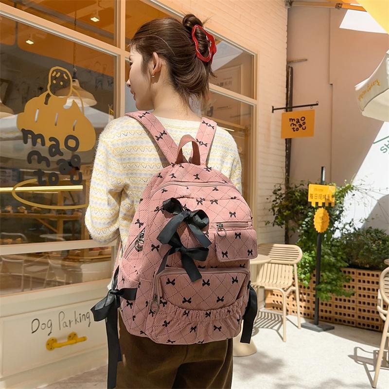 Corduroy Backpack Large Capacity Bow Print Backpack Student Schoolbag