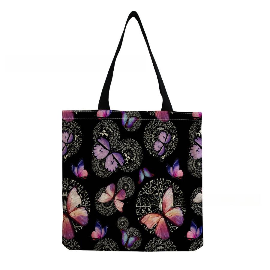 Women Vintage Linen Tote Bag - Large Capacity Butterfly Print Shoulder Handbag for Casual & Grocery Shopping KTB