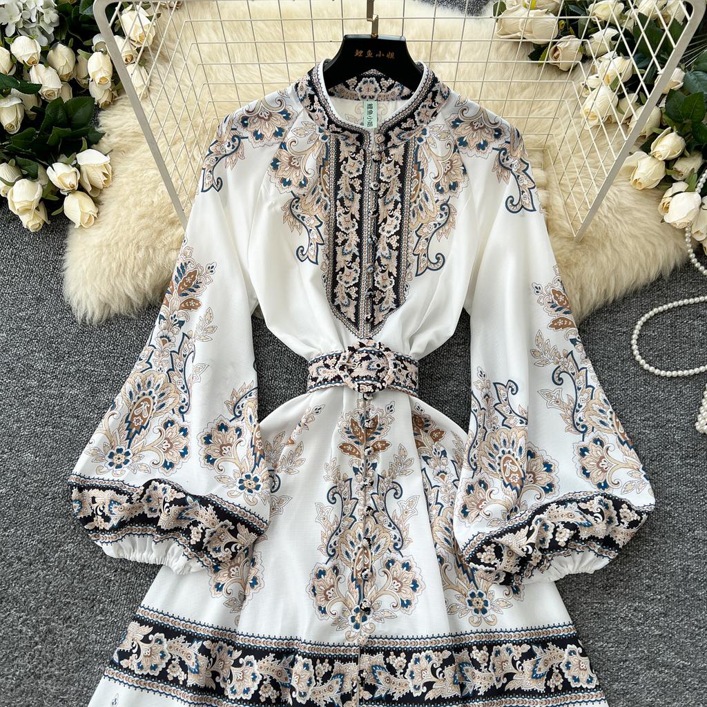 Frühling Herbst Frauen Große Größe Vintage Print Einreiher Lange Maxi Urlaub Party Kleider mit Gürtel