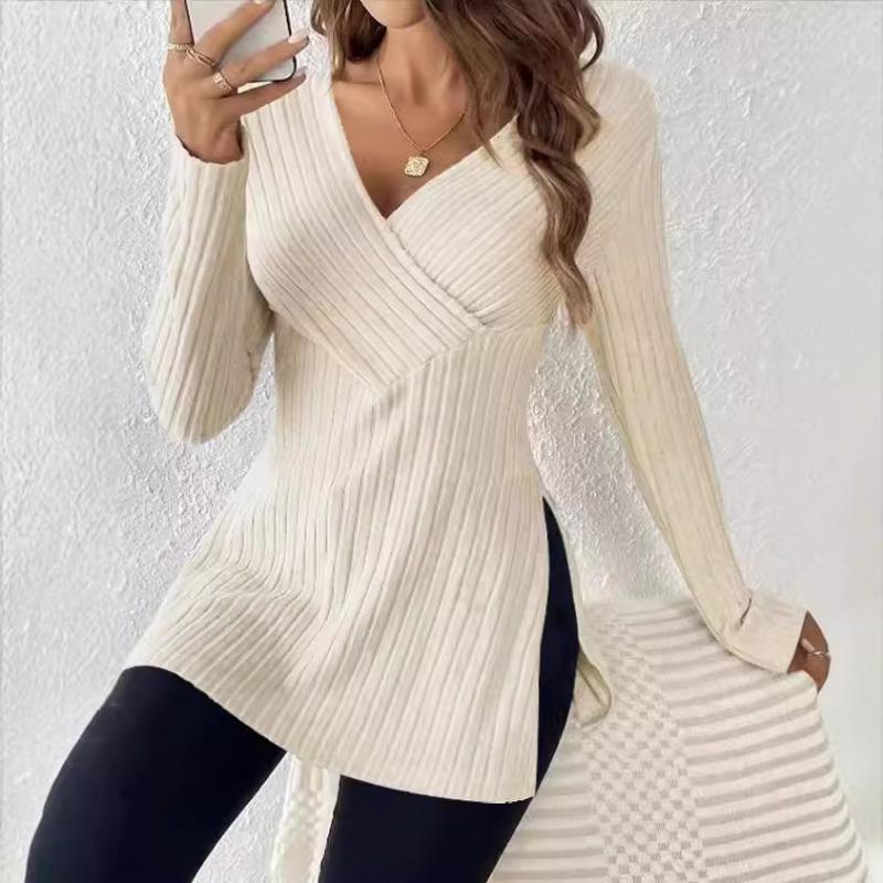 Plus Size Women Solid V Neck Long Sleeve Casual Home Wear Top