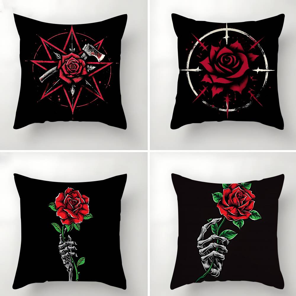 4 Stück Schwarzes Rotes Rosen-Etui Plüschstoff Weiche Kissenhülle Doppelseitiger Druck Kissenbezug Haushaltsgeschenke