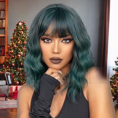 Halloween Gradient Green Full Bangs Shoulder-length Short Curly Hair Ladies Wig Hair Set Wigs Daily Application