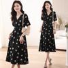 Korean Style V-Neck Knee-Length Elegant Summer Dress with Waist Tie and Print