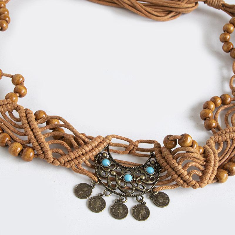 Bohemian Belt Ethnic Style Belt Moon Knitted Knotted Inlaid Handmade Vacation Style Women's Waist Rope