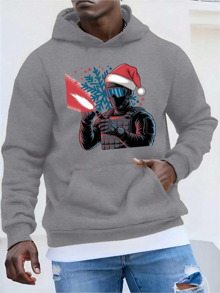 Men'S Tactical Soldier Santa Claus Hooded Sweatshirt - Loose Fit Hoodie With Santa Hat & Snowflake Print Coat