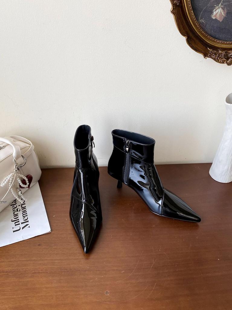 2025 autumn and winter new patent leather pointed thin heel short boots women's high heel glossy fashion thin boots women's boots