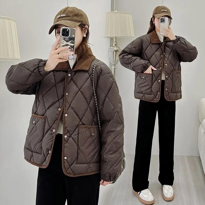 Women's Tweed Cotton Coat PU Leather Surface Versatile Loose Fit Color Autumn Winter Jacket