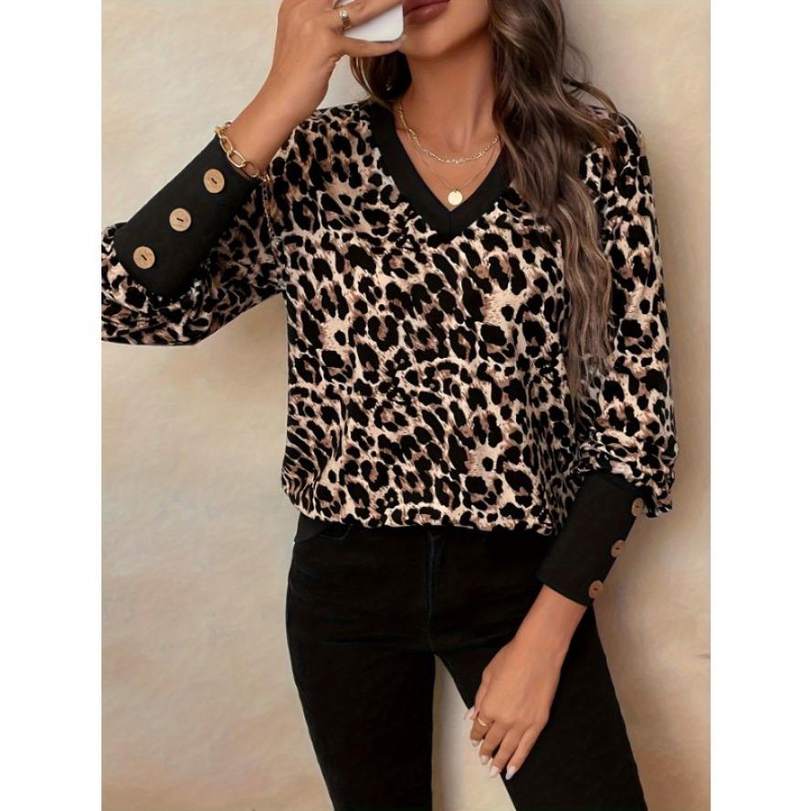Women's Fashion Casual Spring Autumn Leopard Print Long Sleeve V-Neck Blouses & Shirts